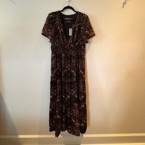 Anthropologie maxi dress - black velvety lace overlaid on beige fabric